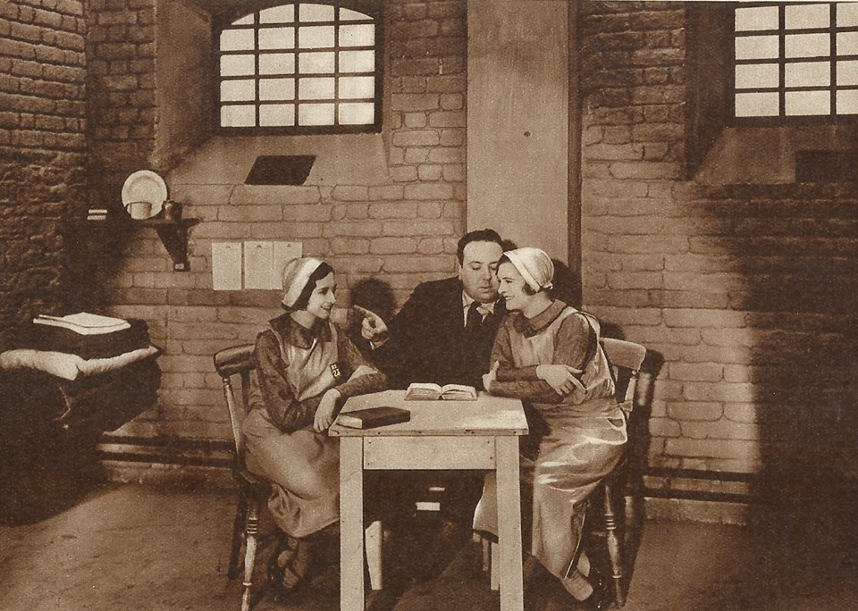 Norah Baring (Diana Baring), Alfred Hitchcock, and Olga Tschechowa (Mary Baring) during the production of MURDER! and MARY..jpg